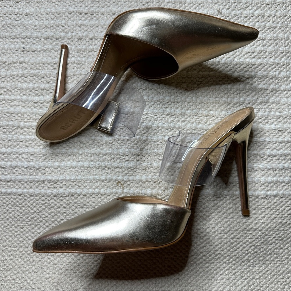 SCHUTZ gold and clear Sionne pointed toe heels 8.5 - Picture 6 of 9